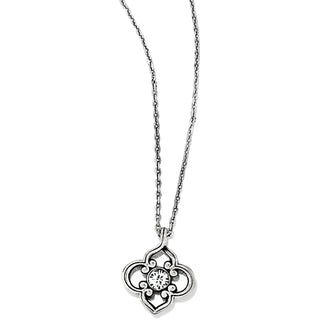A silver-plated necklace with a lobster claw closure, featuring a delicate arabesque-shaped pendant with a crystal in the center. Brighton Toledo Mini Necklace