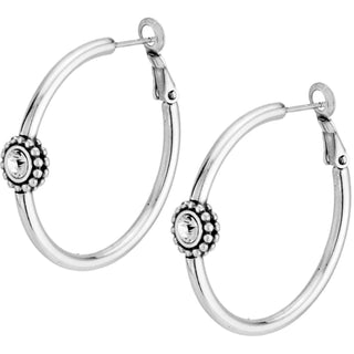 A pair of silver hoop earrings with a twinkle design, featuring a small clear stone at the top of each hoop. Brighton Twinkle Medium Hoop Post Earrings