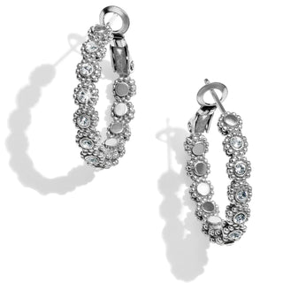 A pair of silver hoop earrings adorned with floral motifs and crystals. Brighton Twinkle Splendor Small Hoop Earrings