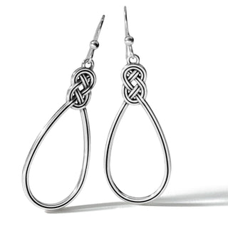 A pair of silver Brighton Interlok French Wire Earrings with a teardrop hoop design and interlocking knot pattern. Brighton Interlok French Wire Earrings