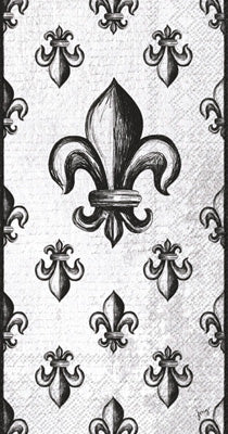 A patterned guest towel with a central fleur-de-lis design surrounded by a repeated pattern of the symbol, in black and white.