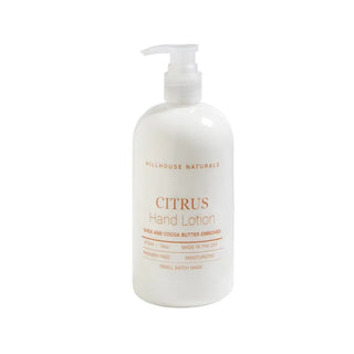 A white pump bottle labeled Hillhouse Naturals Citrus Hand Lotion, enriched with shea and cocoa butter, paraben free, moisturizing 