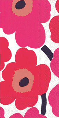 A package of red guest towels with a floral pattern.