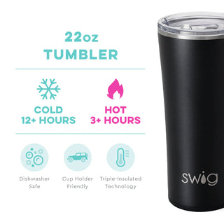 A black 22 oz stainless steel tumbler with a SWIG brand name on the front.