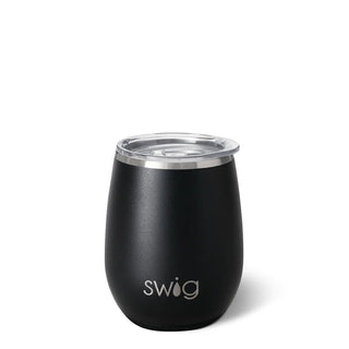 A black stainless steel SWIG wine cup with a removable lid, featuring the brand name 'SWIG' engraved on the front.