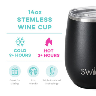 A black stainless steel SWIG wine cup with a removable lid, featuring the brand name 'SWIG' engraved on the front.