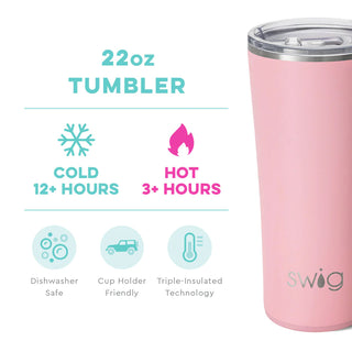 A pink stainless steel SWIG tumbler with a clear lid and a silicone base.