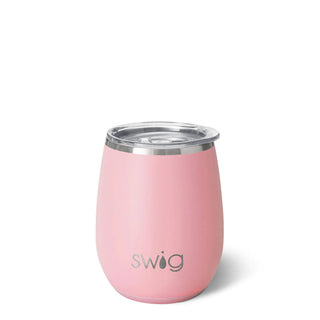 A blush pink colored SWIG wine cup with a removable lid, featuring the brand name 'SWIG' engraved on the front.
