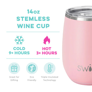 A blush pink colored SWIG wine cup with a removable lid, featuring the brand name 'SWIG' engraved on the front.