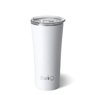 A white SWIG branded 22 oz stainless steel tumbler with a clear lid.