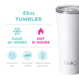 A white SWIG branded 22 oz stainless steel tumbler with a clear lid.