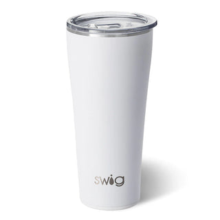 A white 32 oz stainless steel tumbler with a white silicone base, featuring the brand name 'swig' engraved on the front.