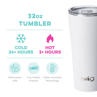 A white 32 oz stainless steel tumbler with a white silicone base, featuring the brand name 'swig' engraved on the front.