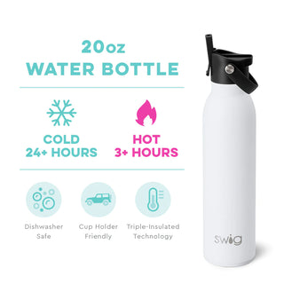 A white 20oz stainless steel water bottle with a silicone base and 'SWIG' branding on the front.