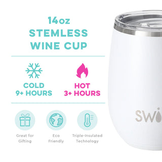 A white stainless steel SWIG wine cup with a removable lid, featuring the brand name 'SWIG' on the front.