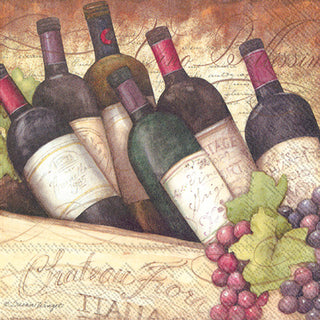 Package of lunch napkins with a printed design featuring bottles of wine and grapes.
