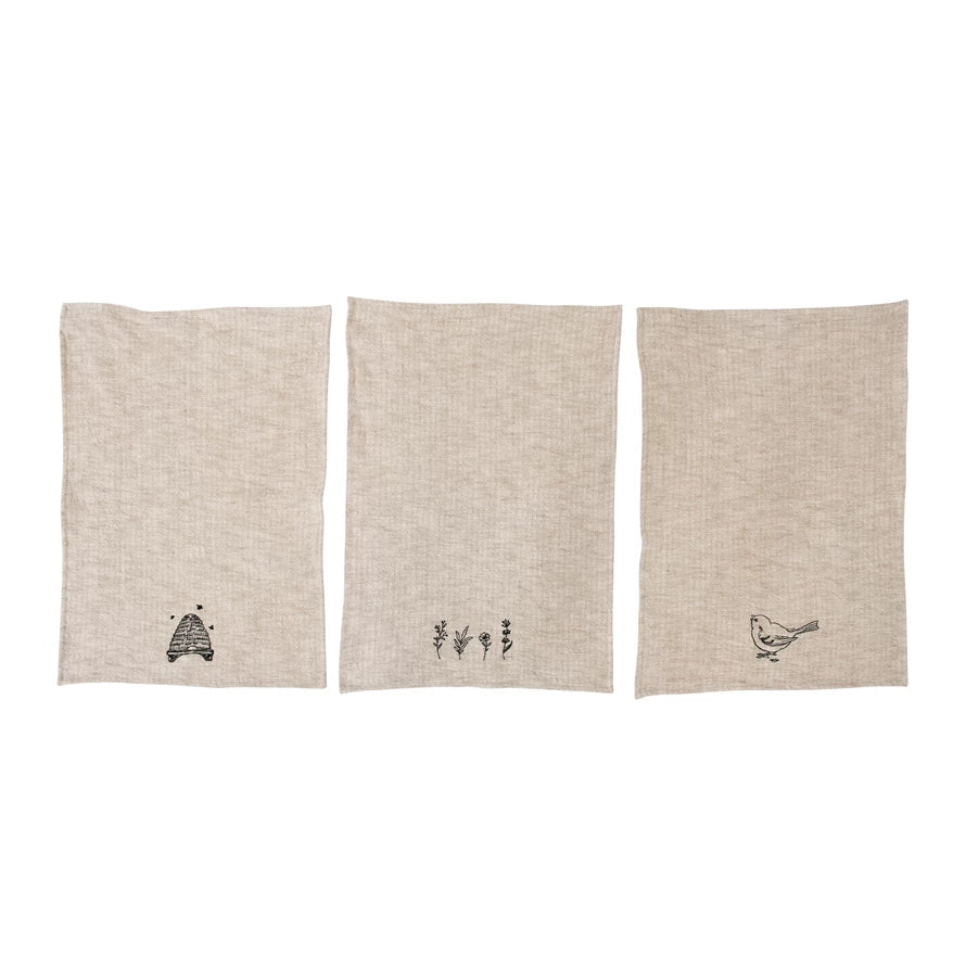 Linen and Cotton Slub Embroidered Tea Towel