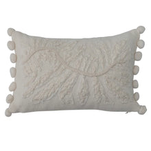 Load image into Gallery viewer, 14&quot; x 9&quot; Cotton Lumbar Pillow with Embroidery &amp; Pom Poms
