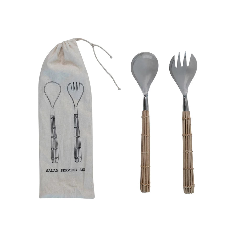 Stainless Steel Salad Servers with Rattan Handles
